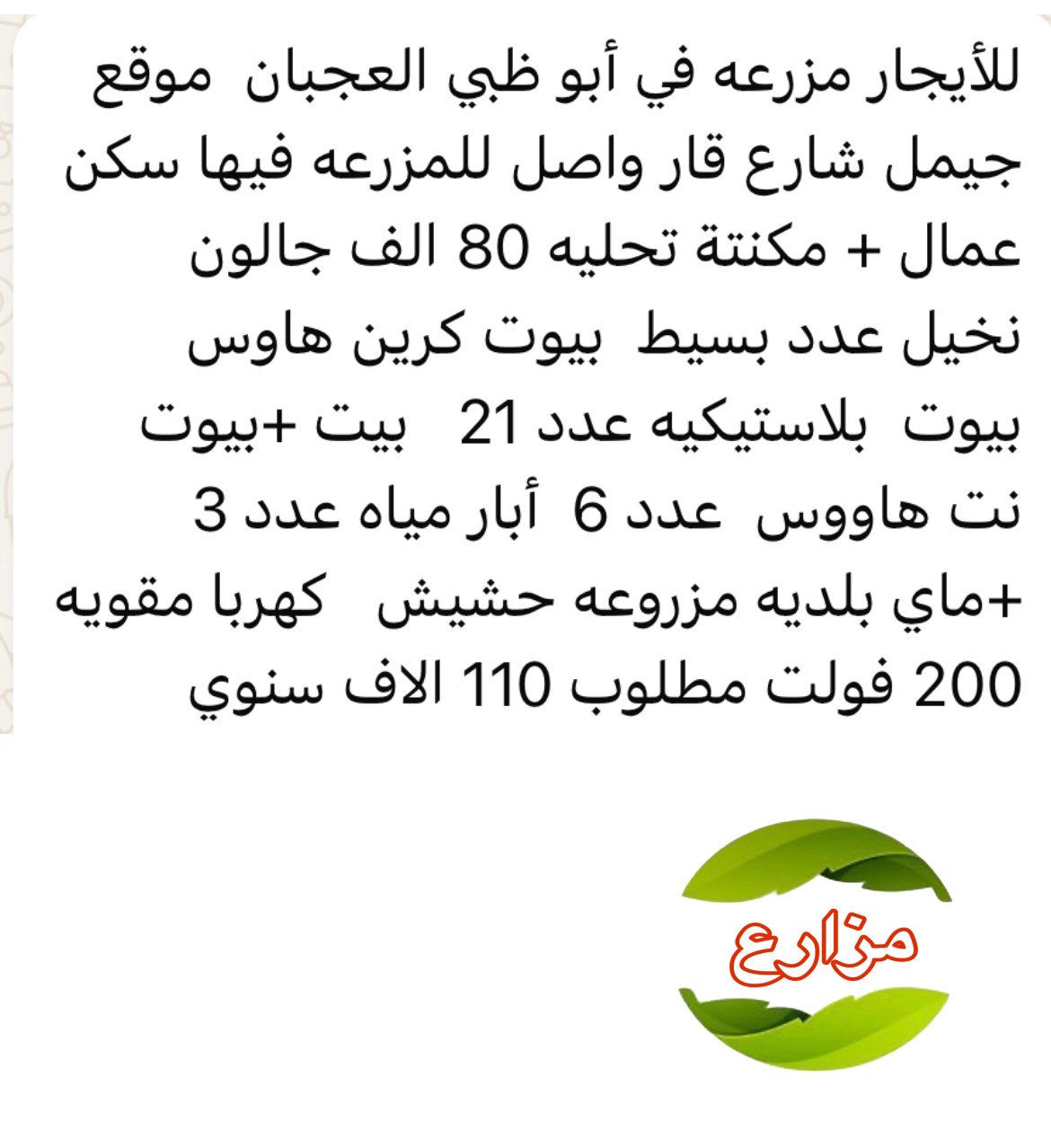 مزرعة للايجار في العجبان ابوظبي